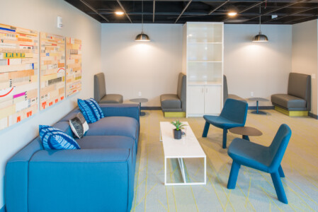 modern blue couch in sitting room