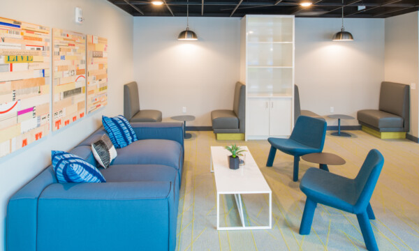 modern blue couch in sitting room
